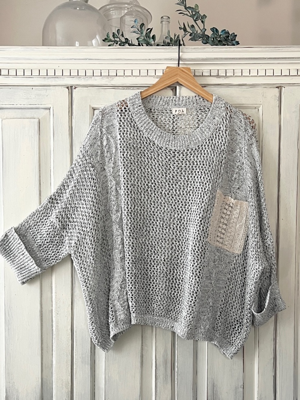 🟠POL Oversized Relaxed Sweater w/Crochet Pocket - Light Gray SMALL